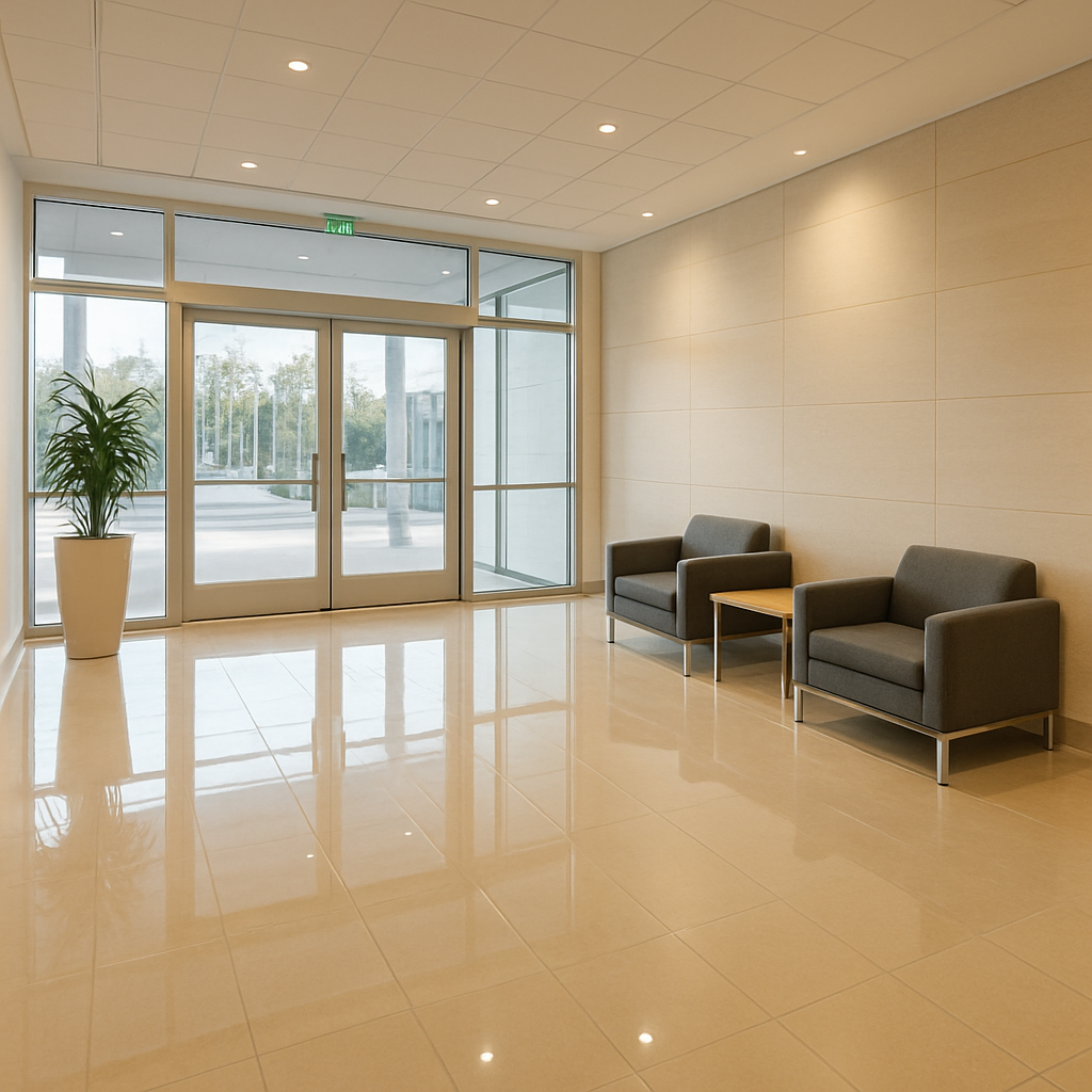 Freshly cleaned commercial lobby with polished floors